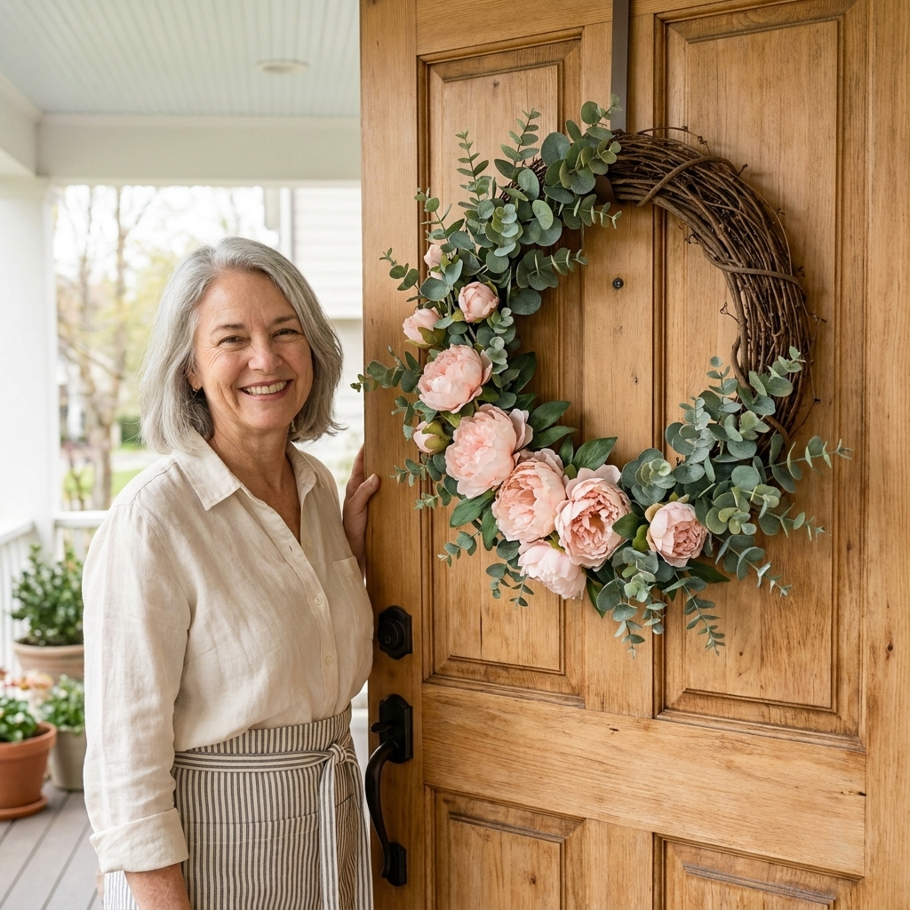DIY Spring Farmhouse Wreath With Eucalyptus and Peonies